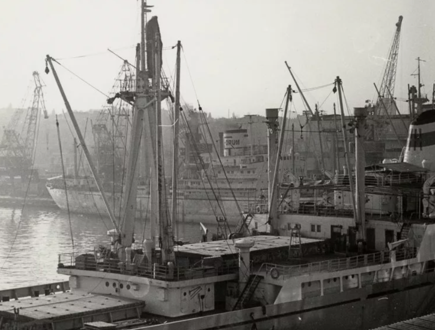 Black-and-white harbour scene with traditional cargo vessels and dockside cranes